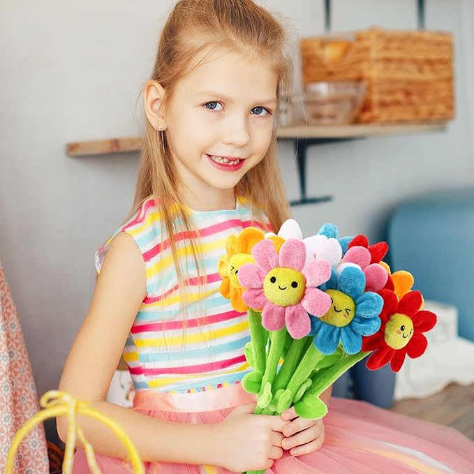 10 Pcs Plush Smile Flower Stuffed Bendable Stems Plush Bouquet Toy Soft Flower 12.6 Inch for Christmas 2025 Mother's Day Girl Girlfriend Wife(Lovely Style)
