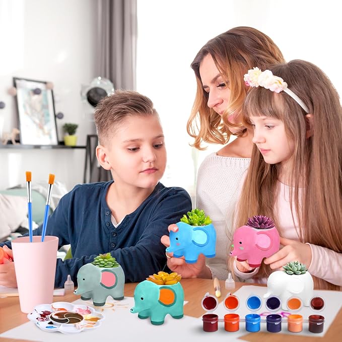 Pasimy 6 Set DIY Ceramic Succulent Planter Pots Paint Your Own Flower Pots Craft Kit Unpainted Bisque Paintable Flowerpot with Brush Palette Ready to Paint for Family Activity Gift(Elephant)