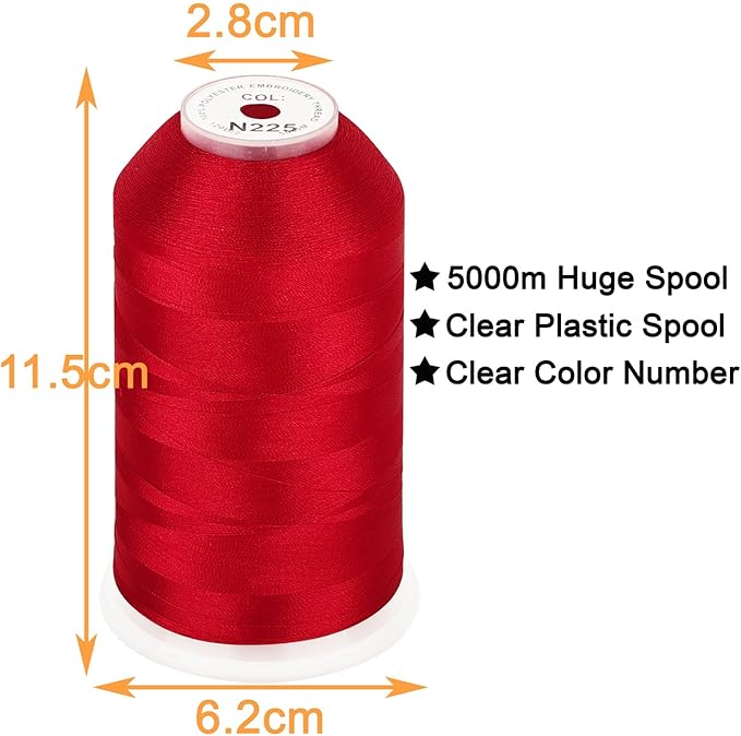 New brothread - Single Huge Spool 5000M Each Polyester Embroidery Machine Thread 40WT for Commercial and Domestic Machines - RED (Janome Color)