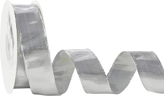 MEEDEE Silver Wired Woven Metallic Ribbon - 1 inch Silver Wired Ribbon for Gift Wrapping, Gift Bows, DIY Crafts, Graduation Baskets, Wedding, Party Decorations (25 Yards)
