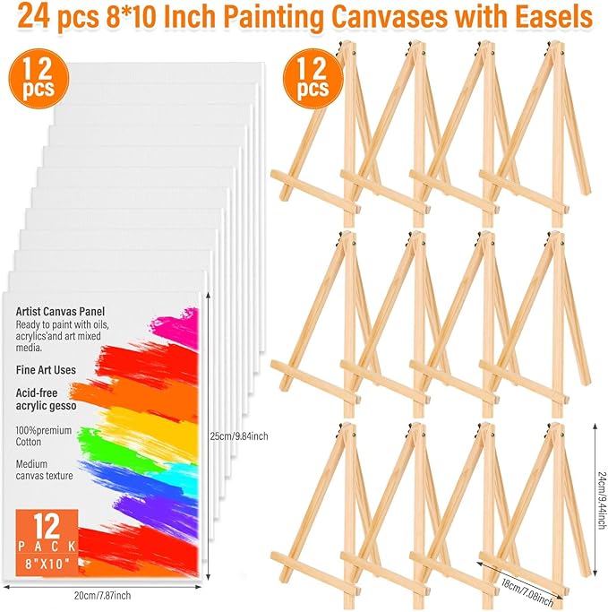 Canvas Painting Party Kit for Adults and Kids, 24Pack 8 x 10 Inch Canvas Boards and Wooden Easels Stands for Group Painting Sip and Paint Night