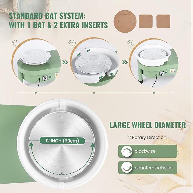 Huanyu Pottery Wheel Machine with 12" Bat System Foot Pedal Control Multiple Art DIY Sculpting Tool Kit Ceramic Wheel Clay Machine for Adult (Green)