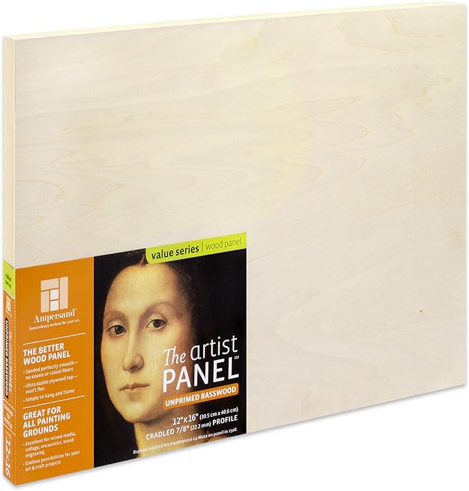 Ampersand Art Supply Unprimed Basswood Artist Panel, 7/8" Cradled Profile, 12"x16"