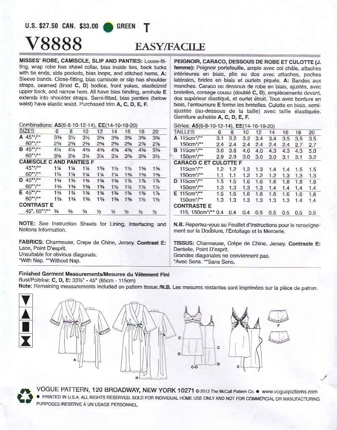 Vogue Patterns V8888EE0 V8888 Misses' Robe/Slip/Camisole and Panties Sewing Template, Size EE (14-16-18-20)
