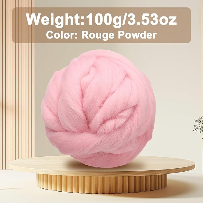 uxcell 3.53oz Wool Roving Yarn, Needle Felting Wool Fiber DIY Craft Needle Wet Felting Supplies for Blending Weaving Handcrafts, Rouge Powder