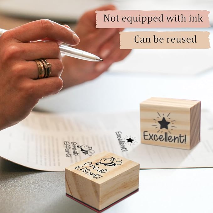 Watersay 6 Pcs Teacher Rubber Stamp Set Motivate Encouraging Messages Wooden Teaching Rubber Stamp Vintage Art for Classroom Grading Home School Teacher Supplies Back School and DIY Card Making