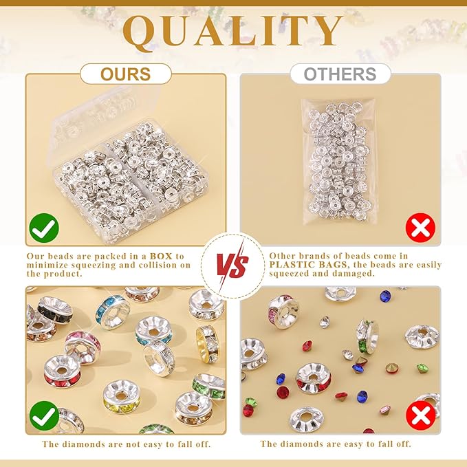 100 pcs 10mm Spacer Beads for Crafting, Silver and Gold Rondelle Beads Bulk, Fancy Sparkle Crystal Rhinestone Spacer Beads for Necklace Bracelet Earring Jewelry Making and Pens DIY