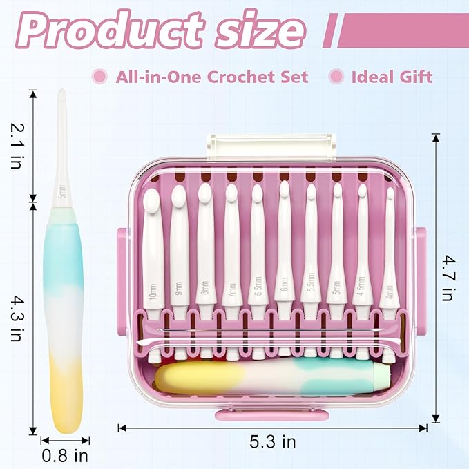 10-Size Interchangeable Crochet Hook Set – Ergonomic Jelly-Grip Handle, Extra Long, 15pcs Pre-Included Accessories, Portable Case