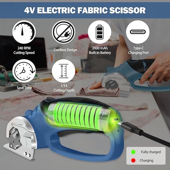 Cordless Electric Scissors, 4V Box Cutter & Cardboard Cutter with Upgrade Blade, LED Light, Safety Lock - Rechargeable Rotary Cutter for Fabric, Leather, Plastic, Sewing, Industrial (Steel Blue)