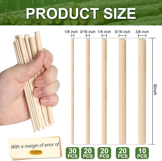 100 Pieces Wooden Dowel Rods Assorted Sizes Wooden Dowels 1/8, 3/16, 1/4, 5/16, 3/8 x 6 Inch Wood Craft Dowel Rods for Crafts and DIY