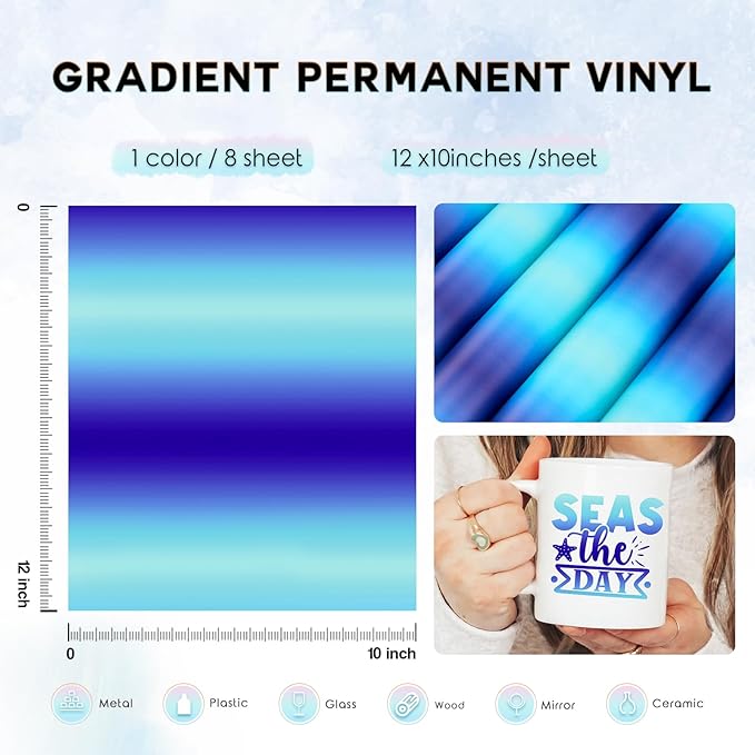 Tintnut Blue Permanent Vinyl - 8 Sheets 12"x10"Gradient Patterned Permanent Adhesive Vinyl for Cutting Machine, Home Decor Self Sticker