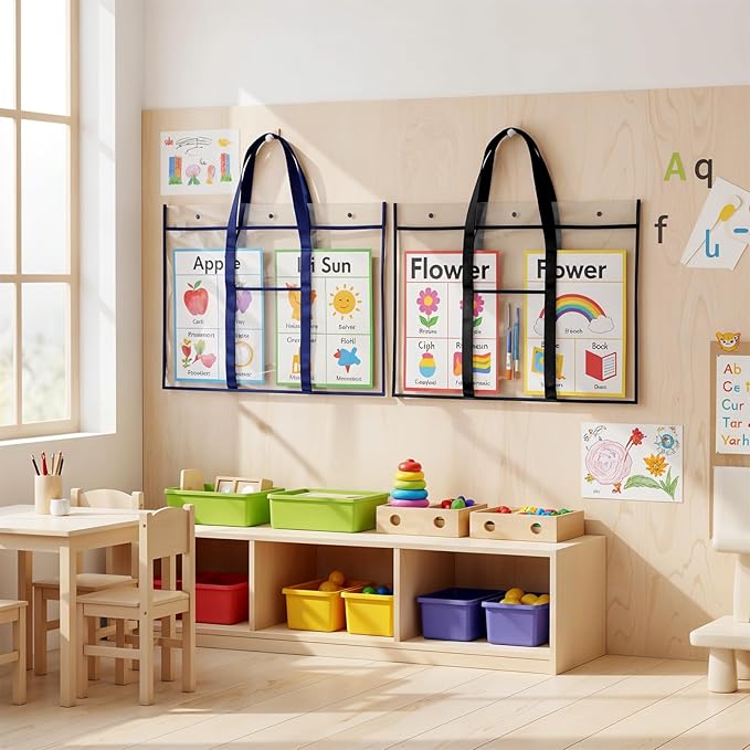 SHENLIU 4 Pack Large Poster Storage Bag, 31.5 ×25.5" Bulletin Board Holder Art Portfolio Container Art PVC Folder with Pocket Transparent Chart Storage Box for Teacher Classroom Organization