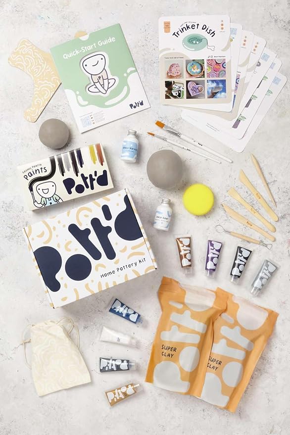 Pott'd Air Dry Clay for Adults - Beginner's Home Pottery Kit. Includes: Air-Dry Clay, Tools, Paints, Brushes, Sealant, How-to-Guides