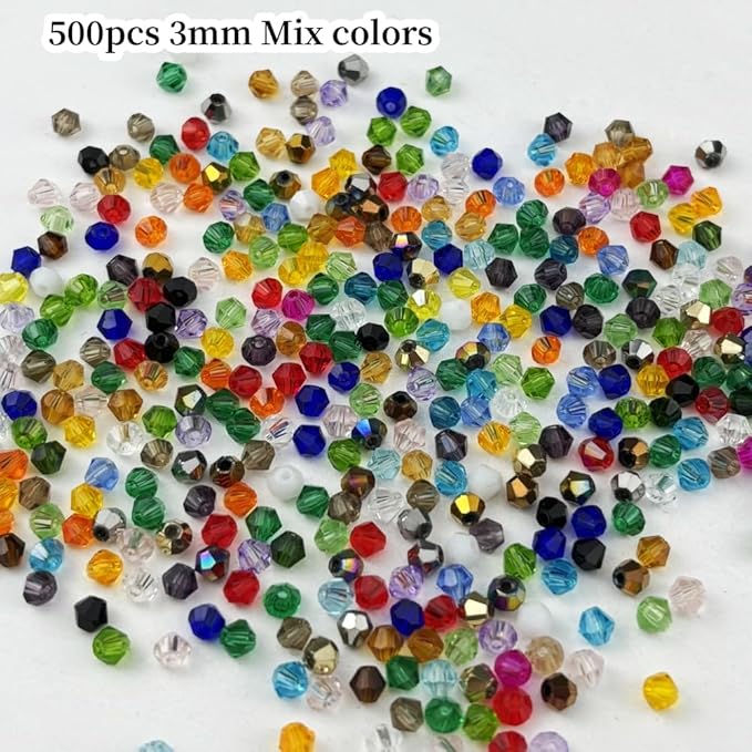 500pcs 3mm Bicone Glass Crystal Beads for Jewelry Making, Faceted Bicone Glass Spacer Beads for Bracelet Earring Necklace DIY Craft(Mix Color)