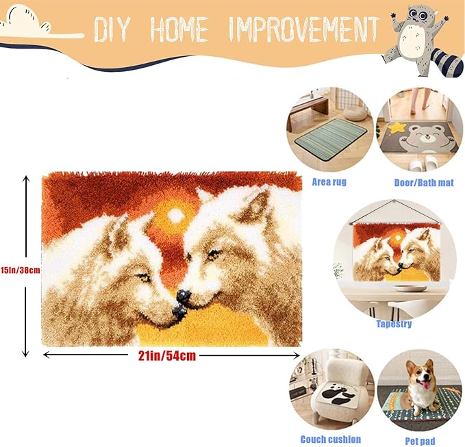 Latch Hook Kits for Adults - DIY Latch Hook Rug Kits for Kids, Crochet Kit for Beginners, Rug Making Kits with Printed Canvas, Gift Packaging.(White Wolf King, 20x15)