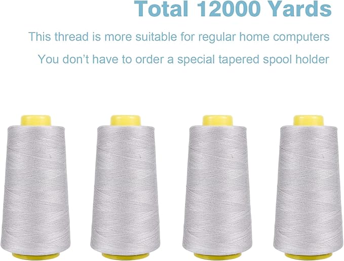 Gray Serger Thread, All-Purpose Thread for Sewing, Polyester, 4 Cones of 3000 Yards Each Spool for Sewing Machine