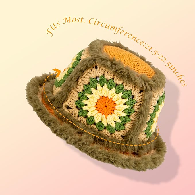 Noocro Crochet Kit for Beginners or Intermediate Level, Fuzzy Granny Square Bucket Hat, Step by Step Video Tutorial, Detailed Instruction Complete Kit Craft Supplies Holiday Gift (Olive Grove)