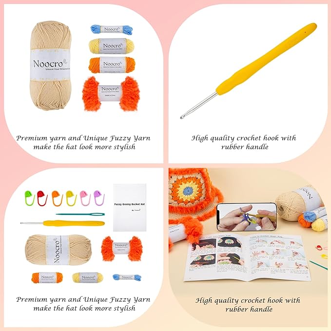 Noocro Crochet Kit for Beginners or Intermediate Level, Fuzzy Granny Square Bucket Hat, Step by Step Video Tutorial, Detailed Instruction Complete Kit Craft Supplies Holiday Gift