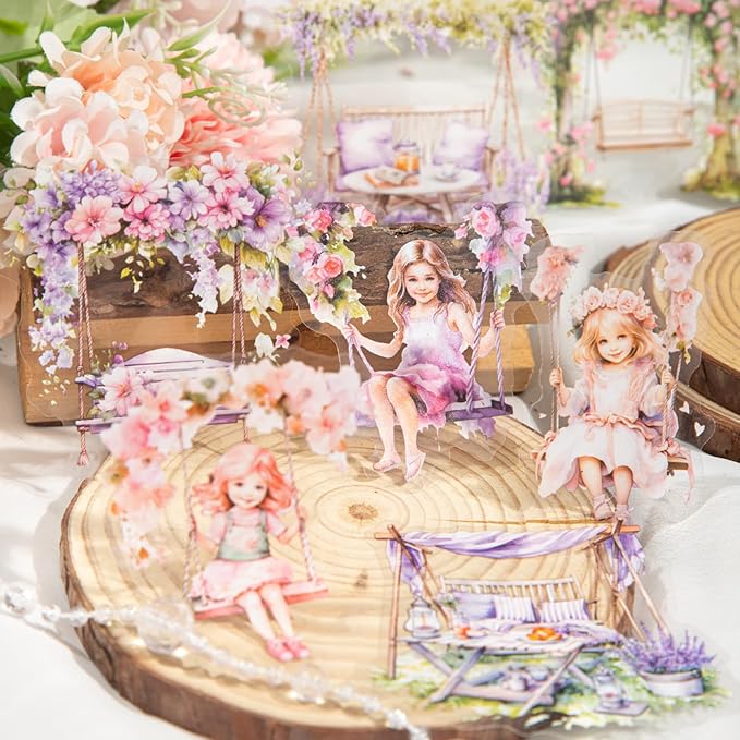 TIAMECH Swing Flower Girl PET Stickers - 60 Pcs Gentle Breeze & Chair Basket Swaying Design, Waterproof Sticker for Journaling & Scrapbooking, Junk Journal Supplies, Ephemera & DIY Crafts