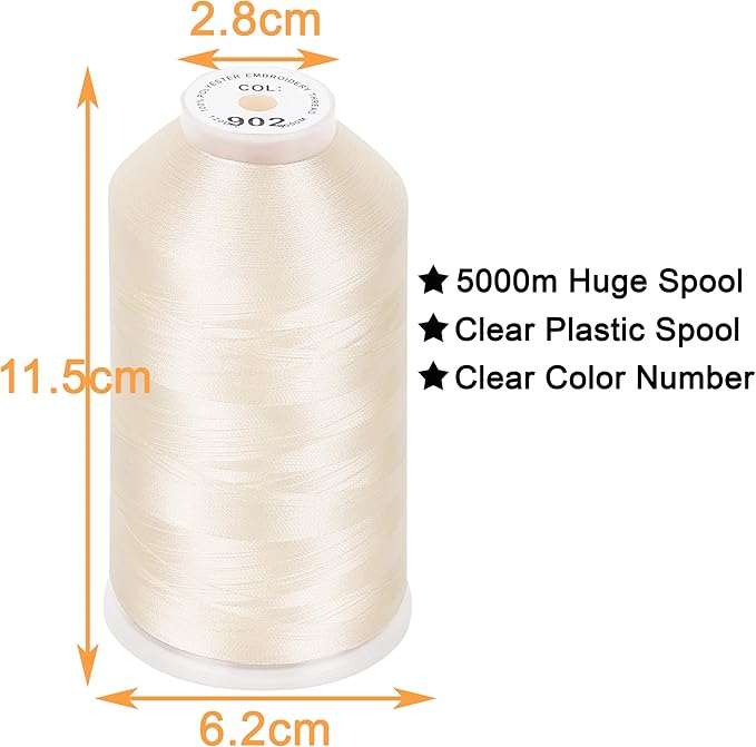 New brothread - Single Huge Spool 5000M Each Polyester Embroidery Machine Thread 40WT for Commercial and Domestic Machines - Ivory
