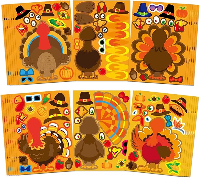 Turkey Stickers 24 PCS Thanksgiving Stickers for Kids, Make Your Own Turkey Sticker Sheets for Thanksgiving Party Favors DIY Crafts Sticker Classroom Teacher Reward