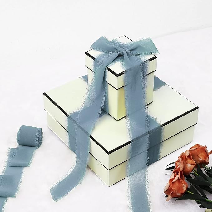 3 Rolls Gray Blue Handmade Fringe Chiffon Ribbon 1.5 Inch x 7 Yard Silk-Like Colorful Rustic Ribbon for Bouquets Wrapping Decor Wedding Invitation Accessories