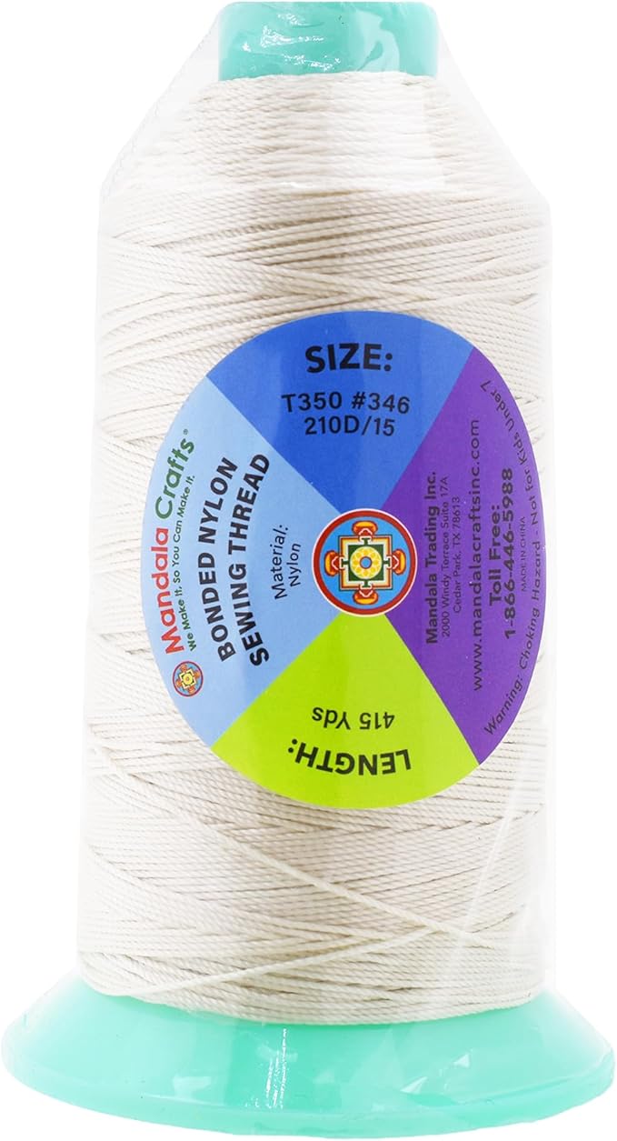 Mandala Crafts Bonded Nylon Thread Off White Heavy Duty Sewing Threads - 415 YDs Size 346 210D T350 Tex 350 Thread for Leather Jeans Weaving Outdoor Marine Upholstery Threads