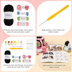 Noocro Crochet Kit for Beginners or Intermediate Level, Fuzzy Granny Square Bucket Hat, Step by Step Video Tutorial, Detailed Instruction Complete Kit Craft Supplies Holiday Gift (Black Pink)