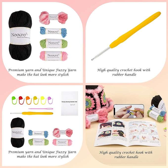 Noocro Crochet Kit for Beginners or Intermediate Level, Fuzzy Granny Square Bucket Hat, Step by Step Video Tutorial, Detailed Instruction Complete Kit Craft Supplies Holiday Gift (Black Pink)