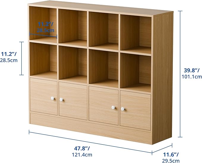 Cozy Castle Oak Wood Bookcase, 12 Cube Storage Organizer Shelf with 4 Doors, 3 Tier Storage Cabinet with Anti-Tilt Device for Bedroom, Living Room, Office