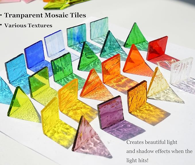 Lanyani Extra Large Size Transparent Textured Stained Glass Mosaic Tiles for DIY Craft, Colorful Bright Cathedral Glass Tile for Mosaic, 4-Shapes Mixed Mosaic Pieces Bulk Arts,1.3 Pound/200 Pieces
