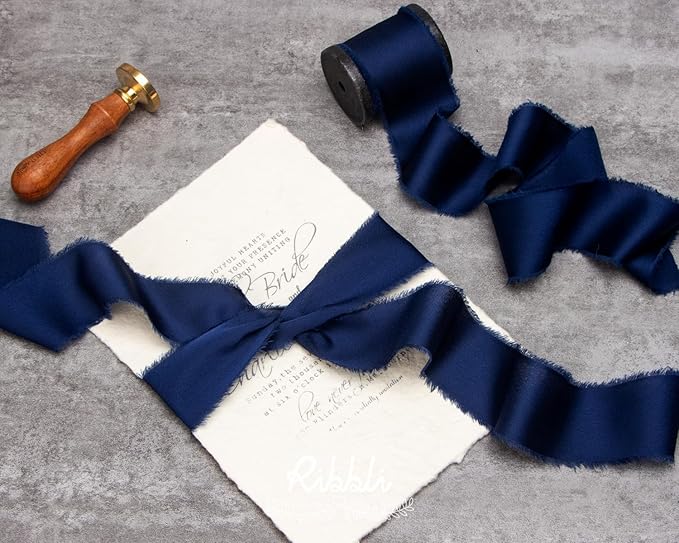Ribbli Navy Blue Silk Satin Ribbon 1.5 Inch x 30 Yard Handmade Frayed Chiffon Navy Ribbon for Gift Wrapping Wedding Invitations Bridal Bouquets Home Decor