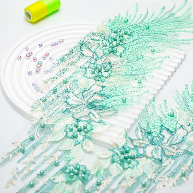 Beaded Pearl Flower Fabric Lace Applique, Floral Embroidered Patches Handmade Sewing Tool for DIY Neckline Bodice Wedding Bridal Prom Dress(Green-Small)