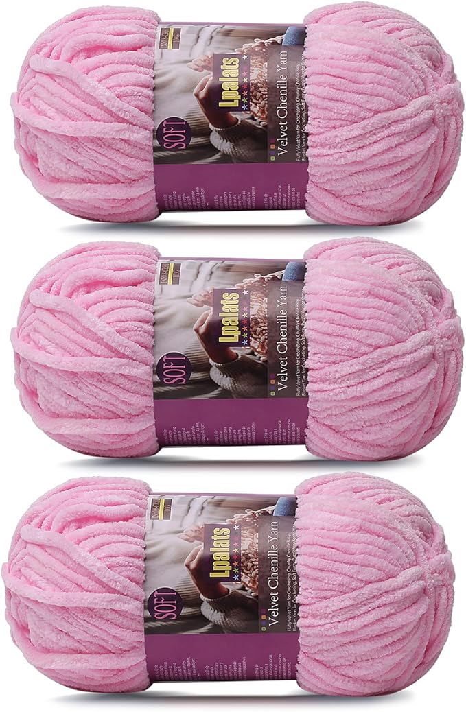 Chunky Chenille Yarn for Crocheting - 3x100g/3.5oz Baby Blanket Yarn for Crocheting Soft - 262 Yards Fluffy Thick Plush Yarns for Knitting Blankets Amigurumi (3, Dark Pink)
