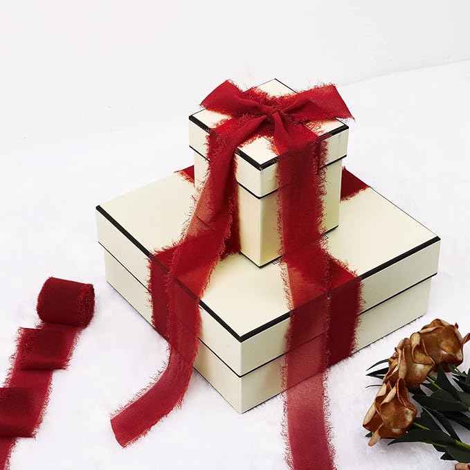 3 Rolls Red Handmade Fringe Chiffon Ribbon 1.5" x 7Yd Silk-Like Colorful Rustic Ribbon for Bouquets Wrapping Decor Wedding Tie Invitations Crafts