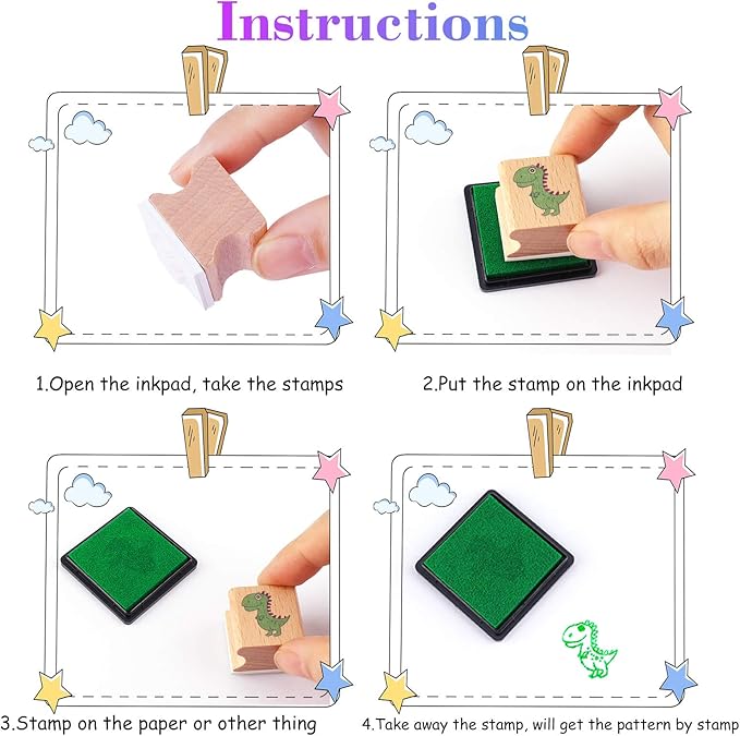 HOWAF 16pcs Wooden Stamps for Kids Boy Crafts with Ink Pad 4pcs, Dinosaur Football Outer Space Pirate Car Stamps for DIY Scrapbook Card Making, Party Bag Fillers Favor for Boys Christmas Birthday Gift