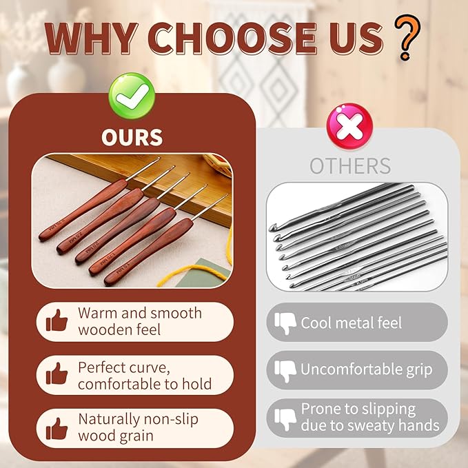 1.0 mm Crochet Hook, Available in 0.5 mm- 3 mm, Ergonomic Hand-Polished Wooden Handle Crochet Hook for Arthritic Hands, for Beginners, and Crocheting Yarn (2Pcs)