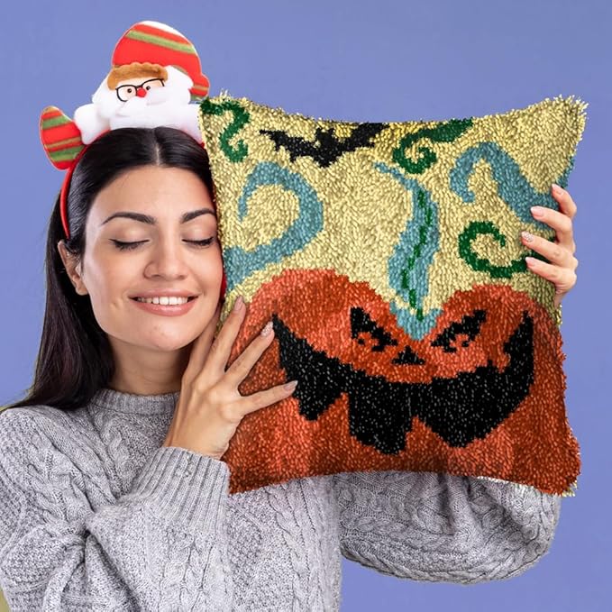 DL-YTG DIY Latch Hook Kits for Art Craft Throw Pillow Pattern Paint Cross Stitch Set ：Halloween Pumpkin A-16X16 Inch