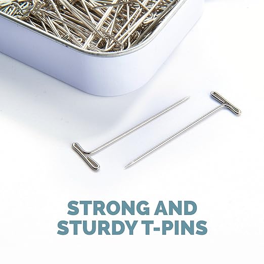 KnitIQ Strong Stainless Steel T-Pins for Blocking Knitting, Crochet & Sewing Projects | 150 Units, 1.5 Inch Pin Needles | Comes with Hinged Reusable Tin (Classic Design)