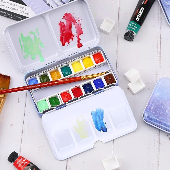 LOONENG Empty Watercolor Palette, Empty Watercolor Tin with Fold Out Palette, Small Purple Watercolor Tray Palette with 14 Empty Half Pans for Plein Air Painting and Sketching