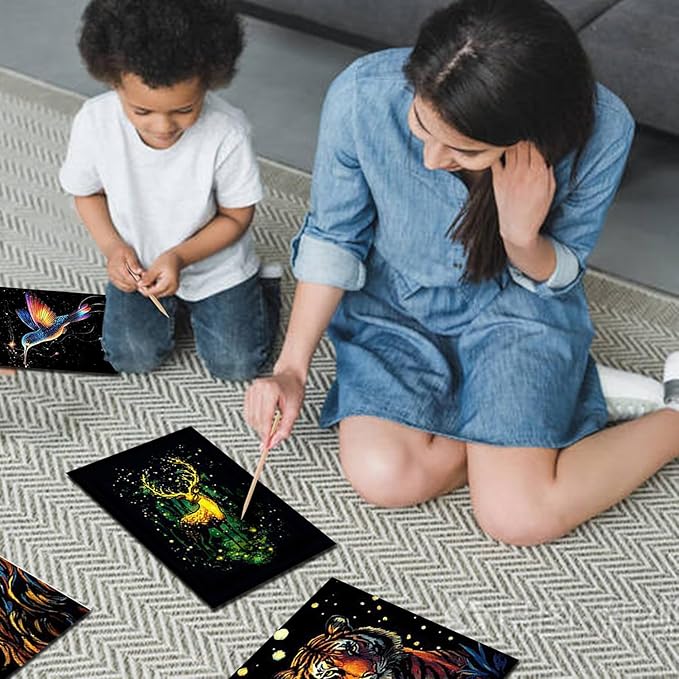 Georgie Porgy Scratch Paper Art Set for Kids Adults Magic Rainbow Scratchboards for DIY Arts and Crafts Kits Christmas Birthday Gift with Scratching Tools Kit (A5-Noctilucent Elf + Forest Animals)