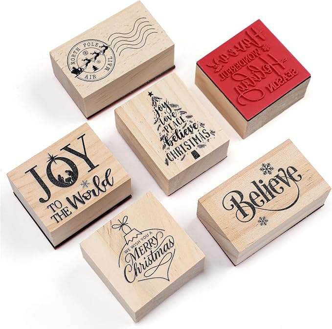 6 Pcs Christmas Rubber Stamp Set Merry Christmas Wooden Rubber Stamp Snow Tree Stamps Vintage Wooden Art Stamps for Crafting and DIY Scrapbooking Card Making Hand Book (Retro)