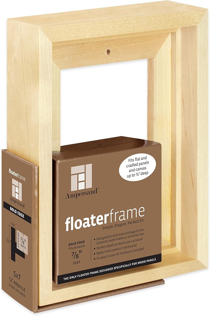 Ampersand Floaterframe Readymade Frame for Flat and 7/8" Deep Wood Panel and Canvas Artwork, Paintings, Prints, and More, 5"x7", Maple Bold