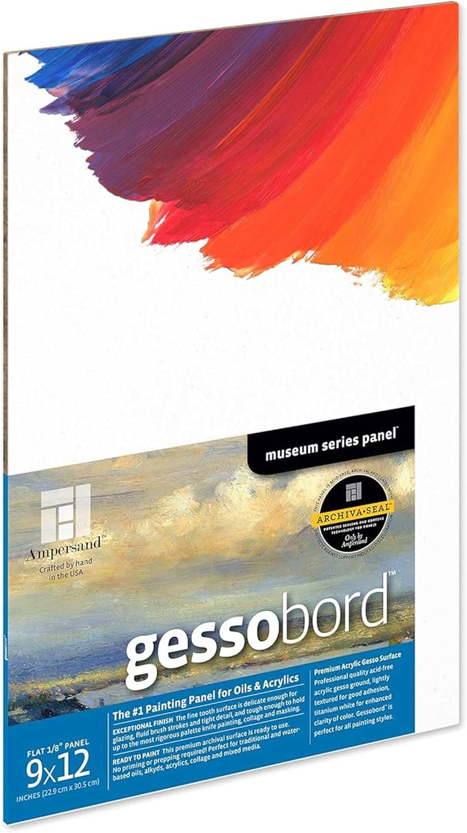 Ampersand Art Supply Gesso Wood Painting Panel: Museum Series Gessobord, 9" x 12", 1/8" Flat Profile