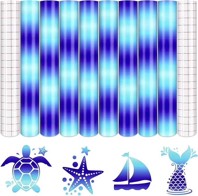 Tintnut Blue Permanent Vinyl - 8 Sheets 12"x10"Gradient Patterned Permanent Adhesive Vinyl for Cutting Machine, Home Decor Self Sticker