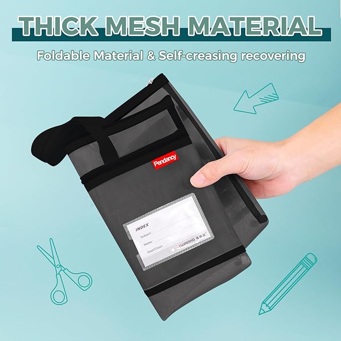 Pendancy Mesh Zipper Pouch A4 Size, Large Double Pocket Lightweight Nylon Transparent File Bag with Handle, 11x13.8 in Foldable Document Storage for Puzzle Project/Cross Stitch/Travel/Office (Black)