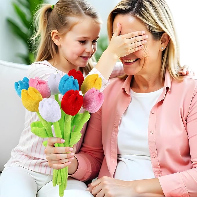10 Pcs Plush Tulips Flower Stuffed Bendable Stems Plush Bouquet Toy Soft Rose Flower 12.6 Inch for Christmas 2025 Mother's Day Girl Girlfriend Wife(10 Pcs Colorful Tulip Series)