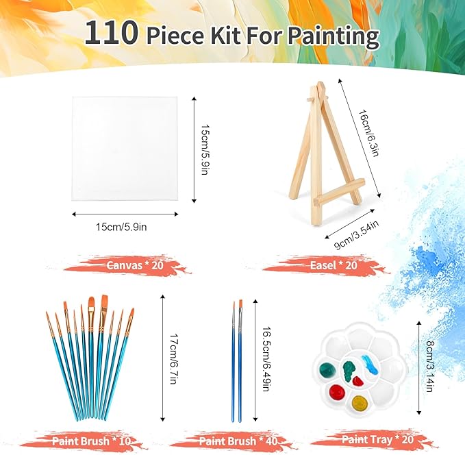 20 Pack 5.9In Canvas Boards for Painting, Art Canvas for Drawing with 10 Brushes & 5 Paint Trays, Mini Painting Canvas with Easel Set, Painting Kits for Adults & Kids Party