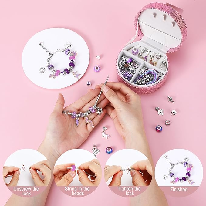 Emibele Girls Charm Beads Bracelet Making Kit with Portable Jewelry Box, Jewelry Making Kit for Kids Age 5 6 7 8-12, DIY Arts Crafts Toys for Teens Girls Gift Choices on Birthday Valentines Christmas