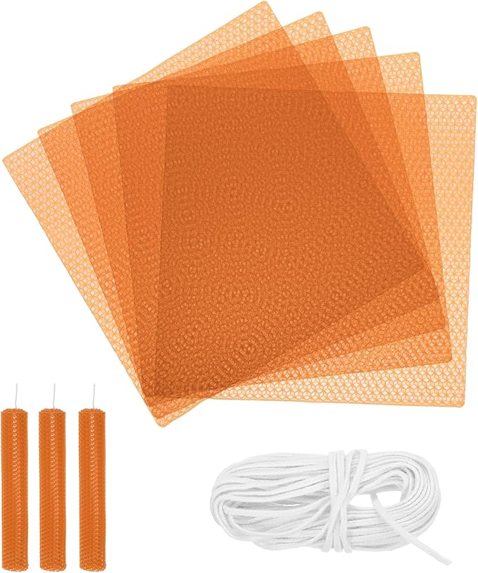 MECCANIXITY Beeswax Candle Making Kit,8x8 Inch 5pcs Orange Beeswax Candle Sheets with 1pcs Cotton Wick for DIY Craft Gift Making